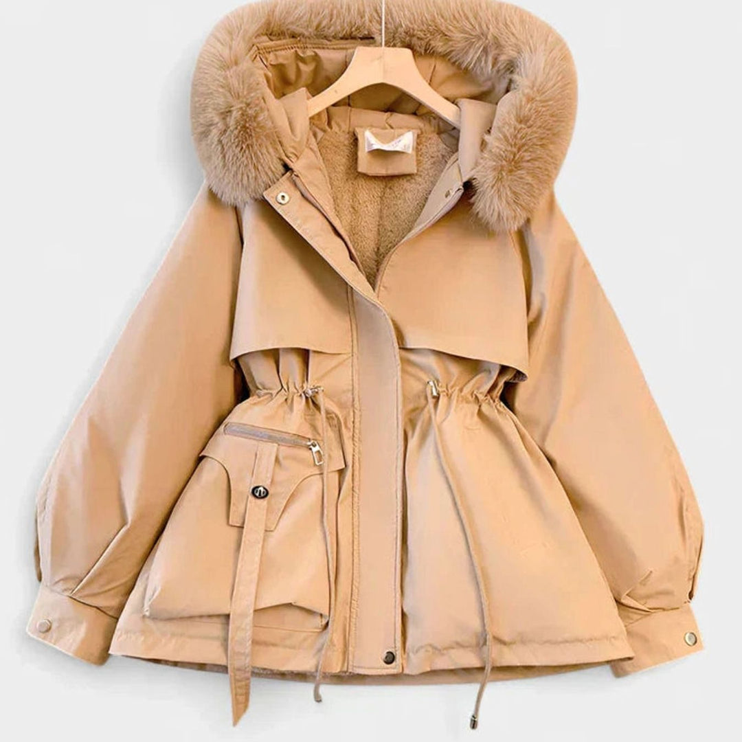 Women's Elegant Insulated Hooded Drawstring Winter Jacket - Khaki