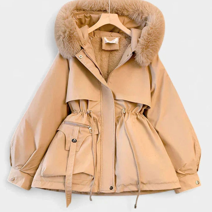 Women's Elegant Insulated Hooded Drawstring Winter Jacket - Khaki