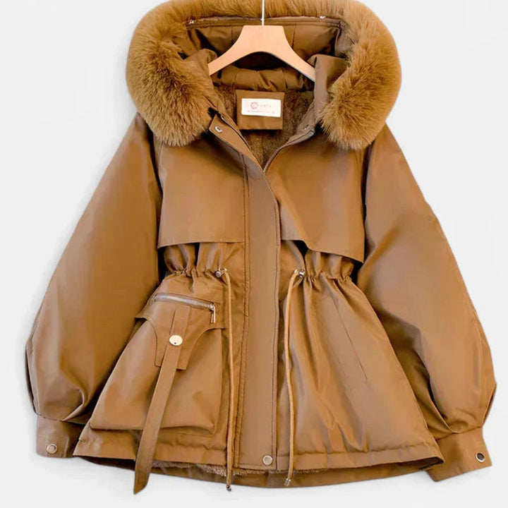 Women's Elegant Insulated Hooded Drawstring Winter Jacket - Brown