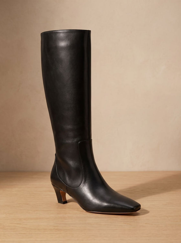 Women's Elegant Knee High Boots Square-Toe Low Heel, Black - Black