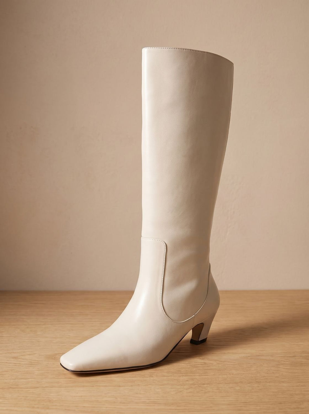 Women's Elegant Knee High Boots Square-Toe Low Heel, Black - Off-White