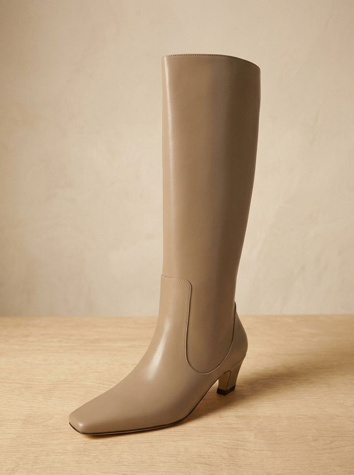Women's Elegant Knee High Boots Square-Toe Low Heel, Black - Khaki