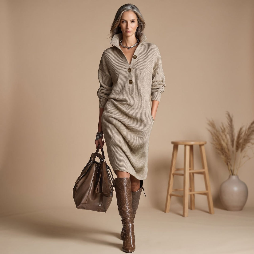 Women's Elegant Long Sleeve Ribbed Knit Sweater Dress - Khaki