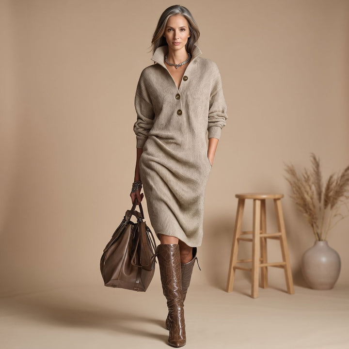 Women's Elegant Long Sleeve Ribbed Knit Sweater Dress - Khaki