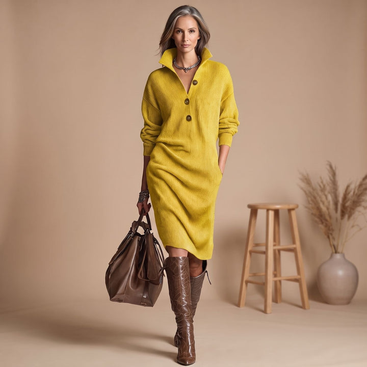 Women's Elegant Long Sleeve Ribbed Knit Sweater Dress - Yellow