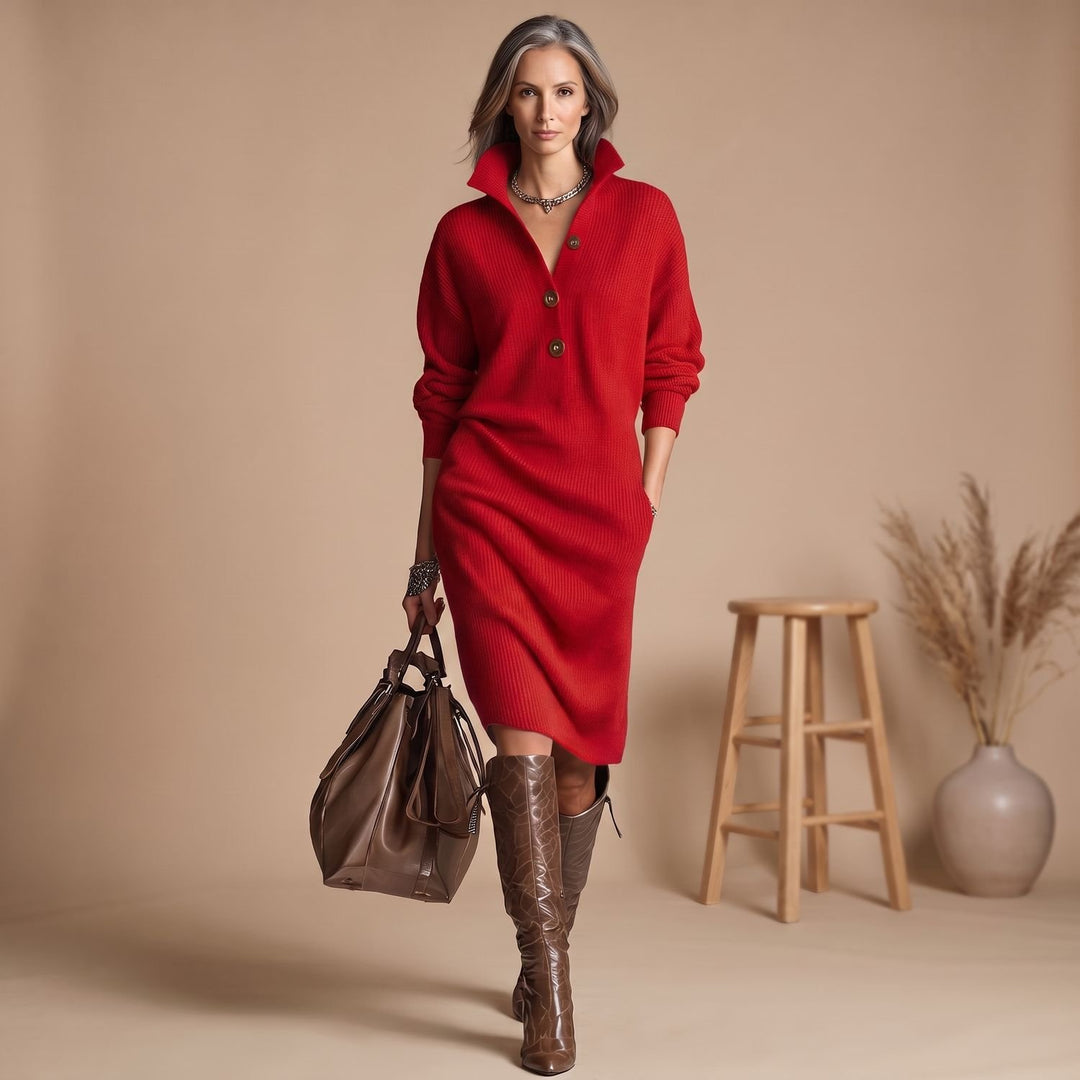 Women's Elegant Long Sleeve Ribbed Knit Sweater Dress - Red