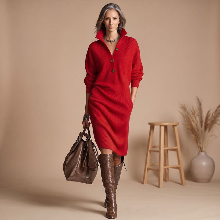 Women's Elegant Long Sleeve Ribbed Knit Sweater Dress - Red