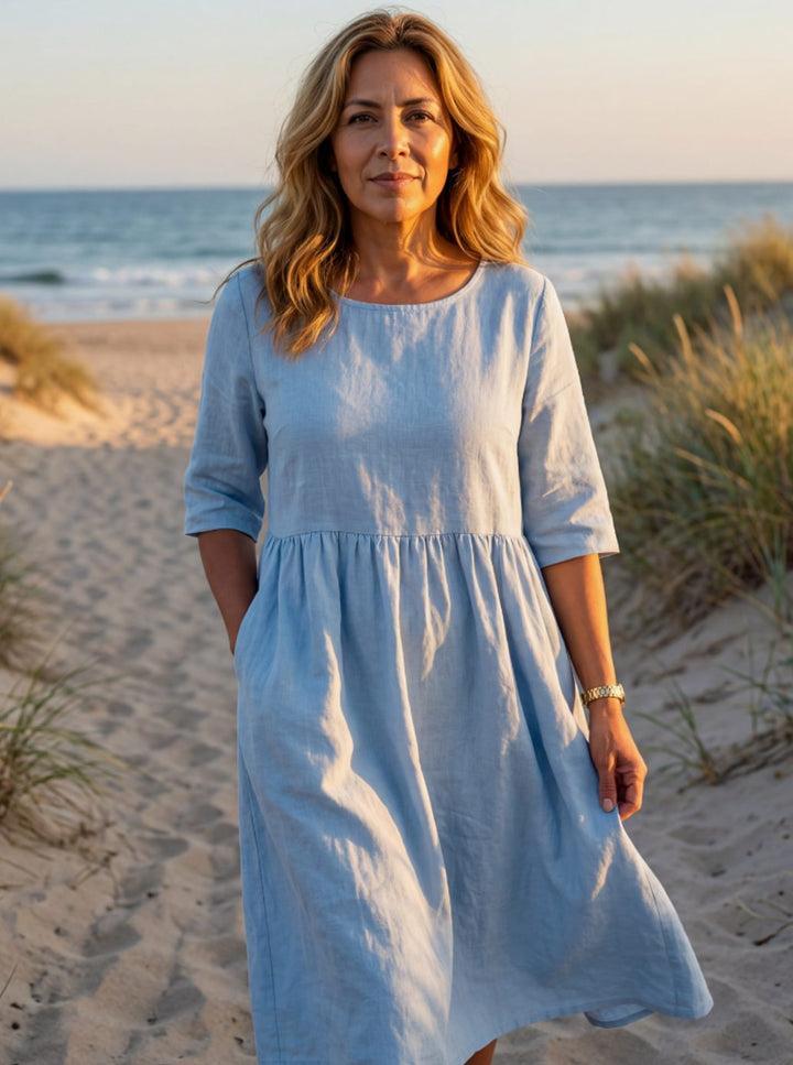 Women's Elegant Midi Dress Round Neck Half-Sleeve Gathered Waist - Blue