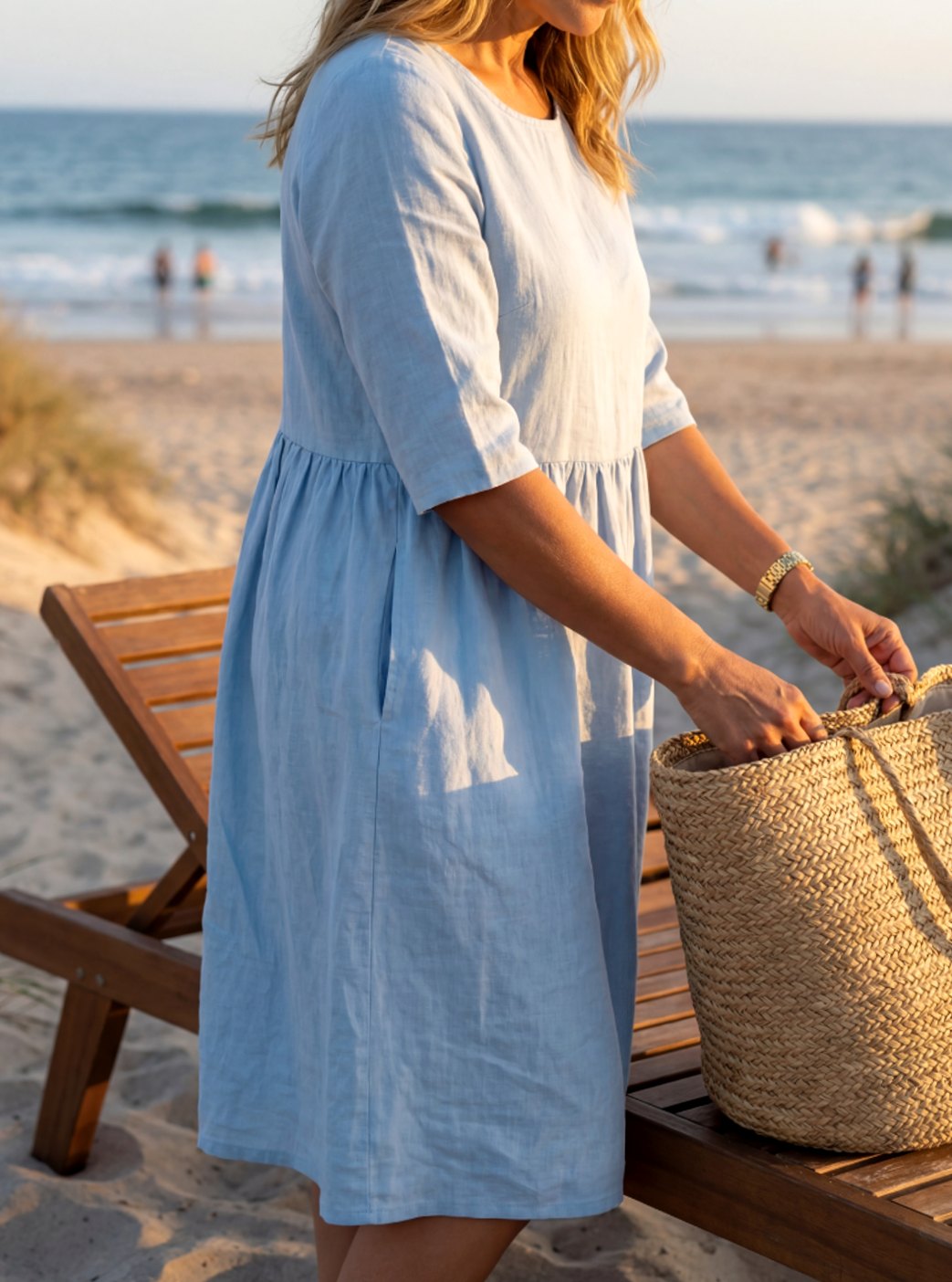 Women's Elegant Midi Dress Round Neck Half-Sleeve Gathered Waist