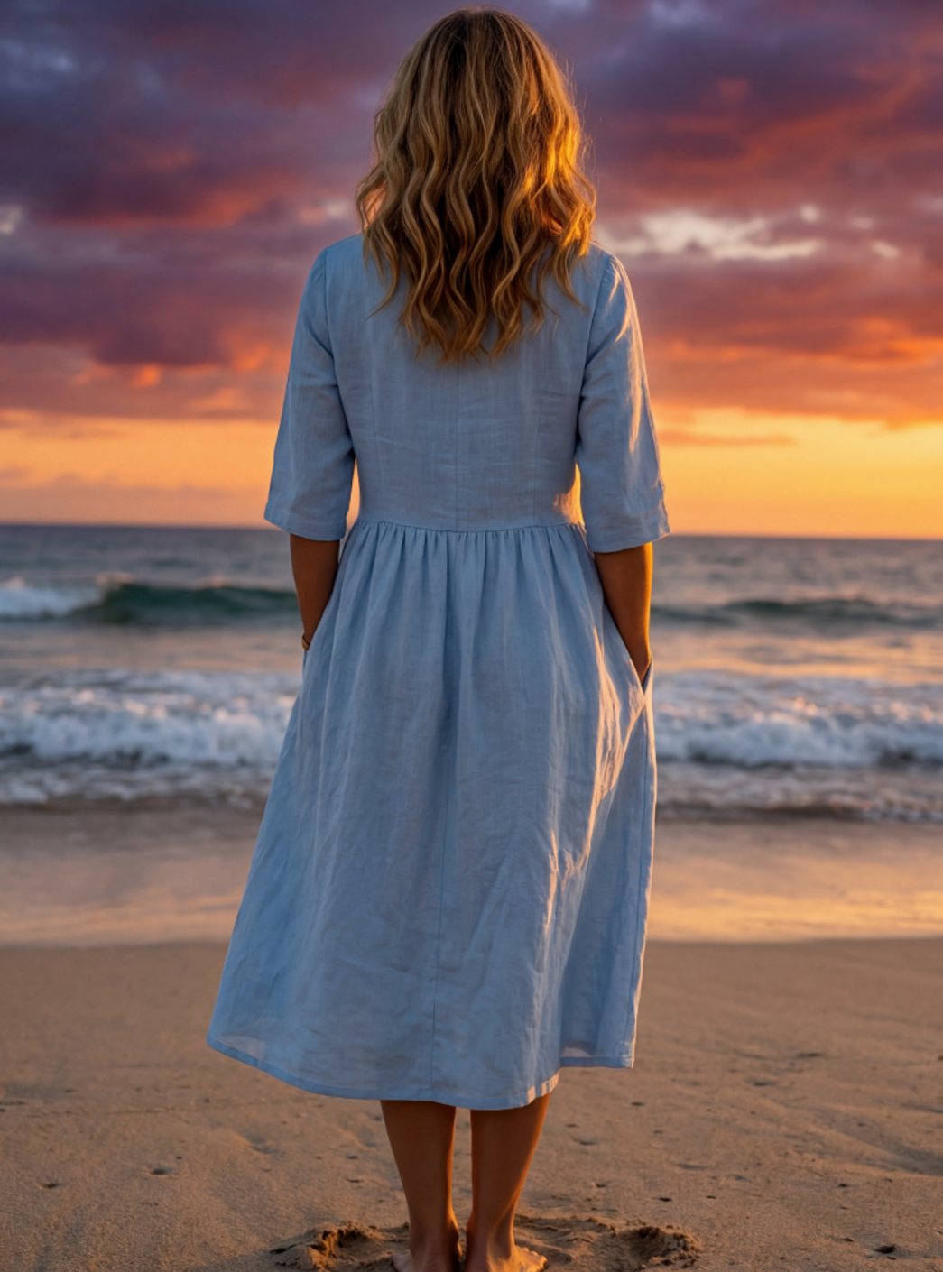 Women's Elegant Midi Dress Round Neck Half-Sleeve Gathered Waist
