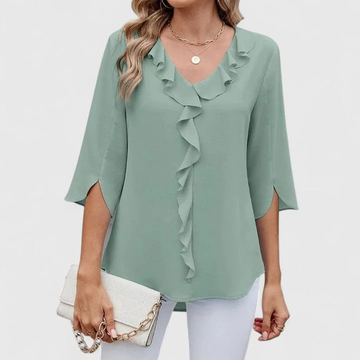 Women's Elegant Ruffle V-Neck Chiffon Blouse - Green