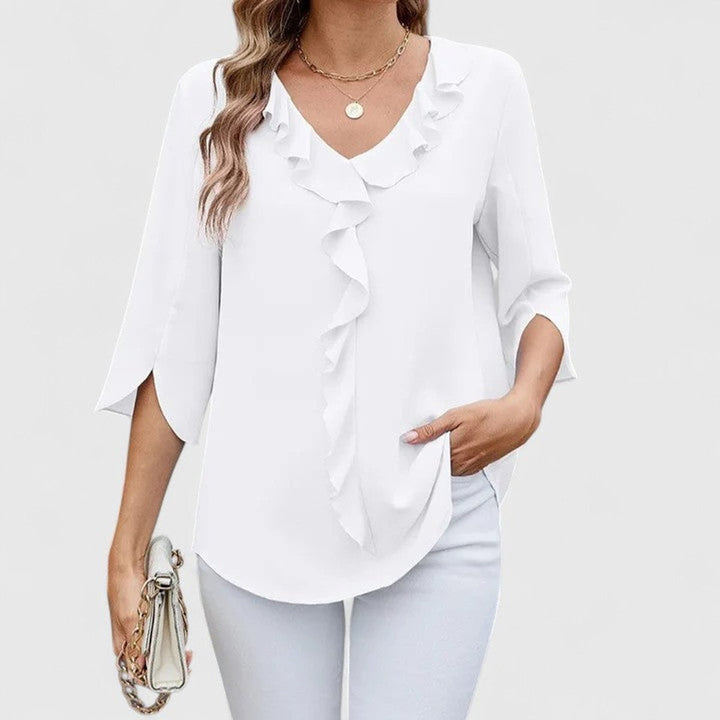 Women's Elegant Ruffle V-Neck Chiffon Blouse - White
