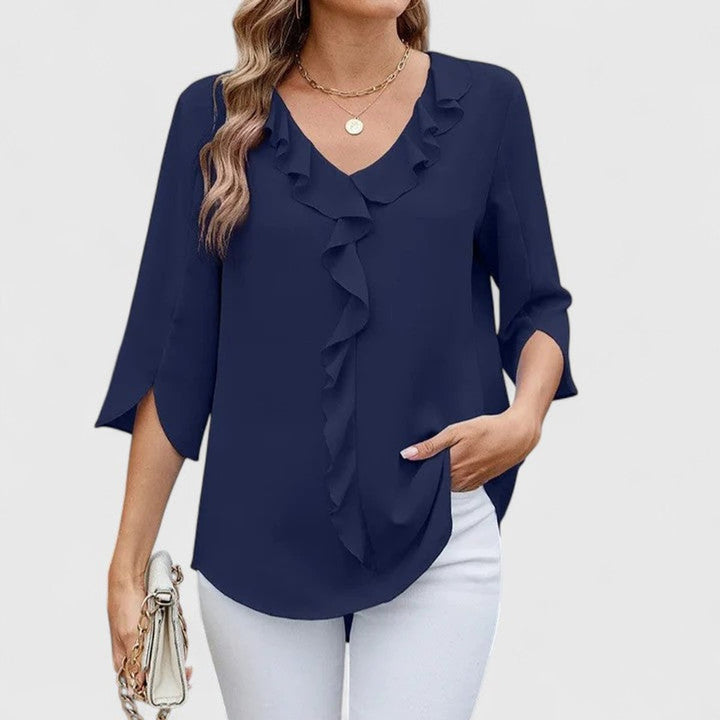 Women's Elegant Ruffle V-Neck Chiffon Blouse - Blue