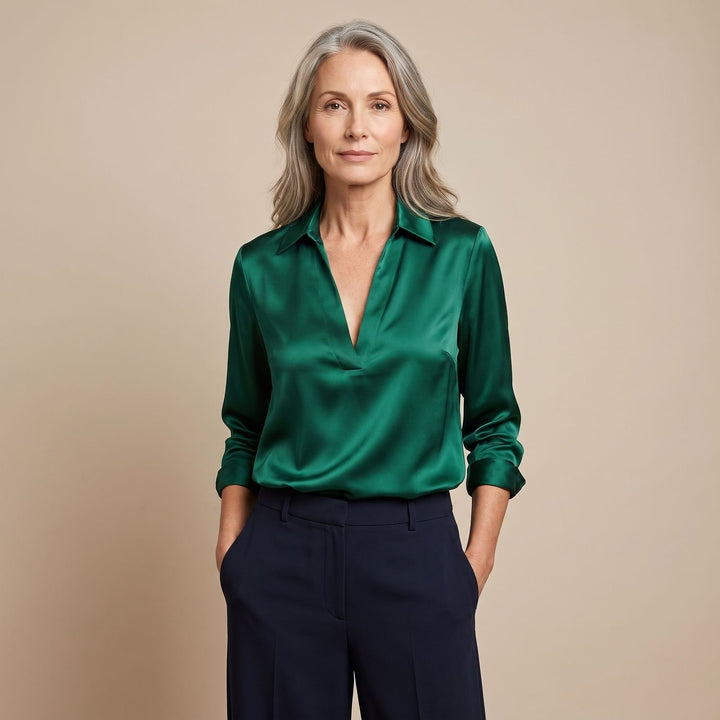 Women's Elegant Satin Deep V-Neck Long Sleeve Dressy Blouse - Green