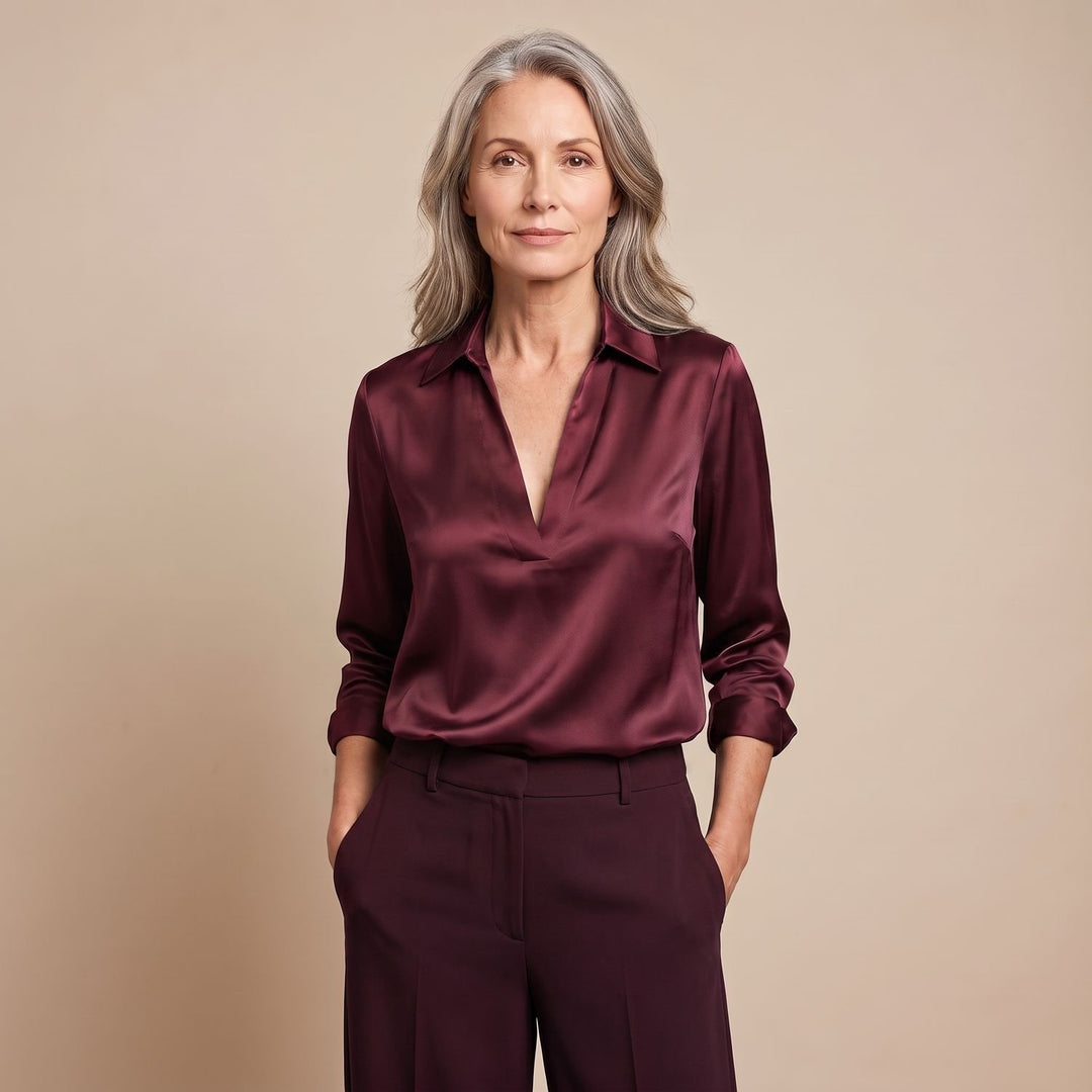 Women's Elegant Satin Deep V-Neck Long Sleeve Dressy Blouse - Burgundy