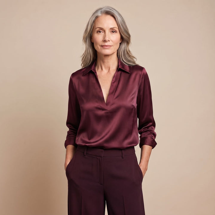 Women's Elegant Satin Deep V-Neck Long Sleeve Dressy Blouse - Burgundy