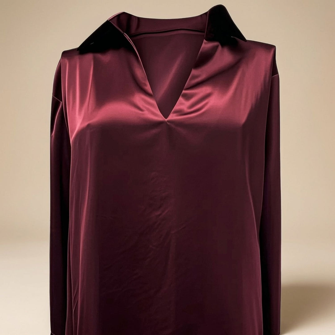 Women's Elegant Satin Deep V-Neck Long Sleeve Dressy Blouse