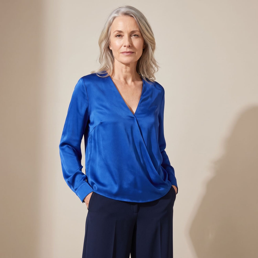 Women's Elegant Satin Deep V-Neck Long Sleeve Dressy Blouse - Blue