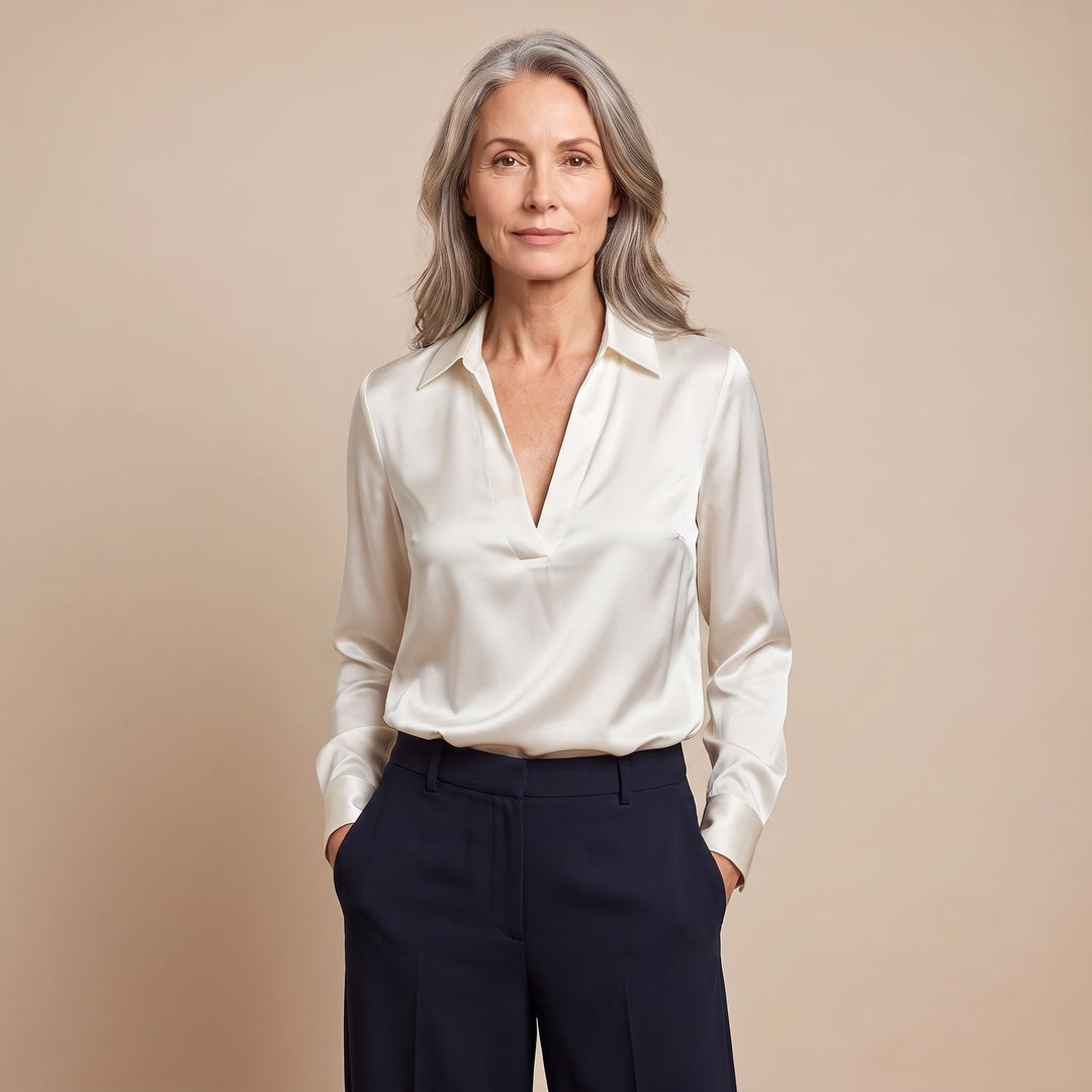 Women's Elegant Satin Deep V-Neck Long Sleeve Dressy Blouse - White