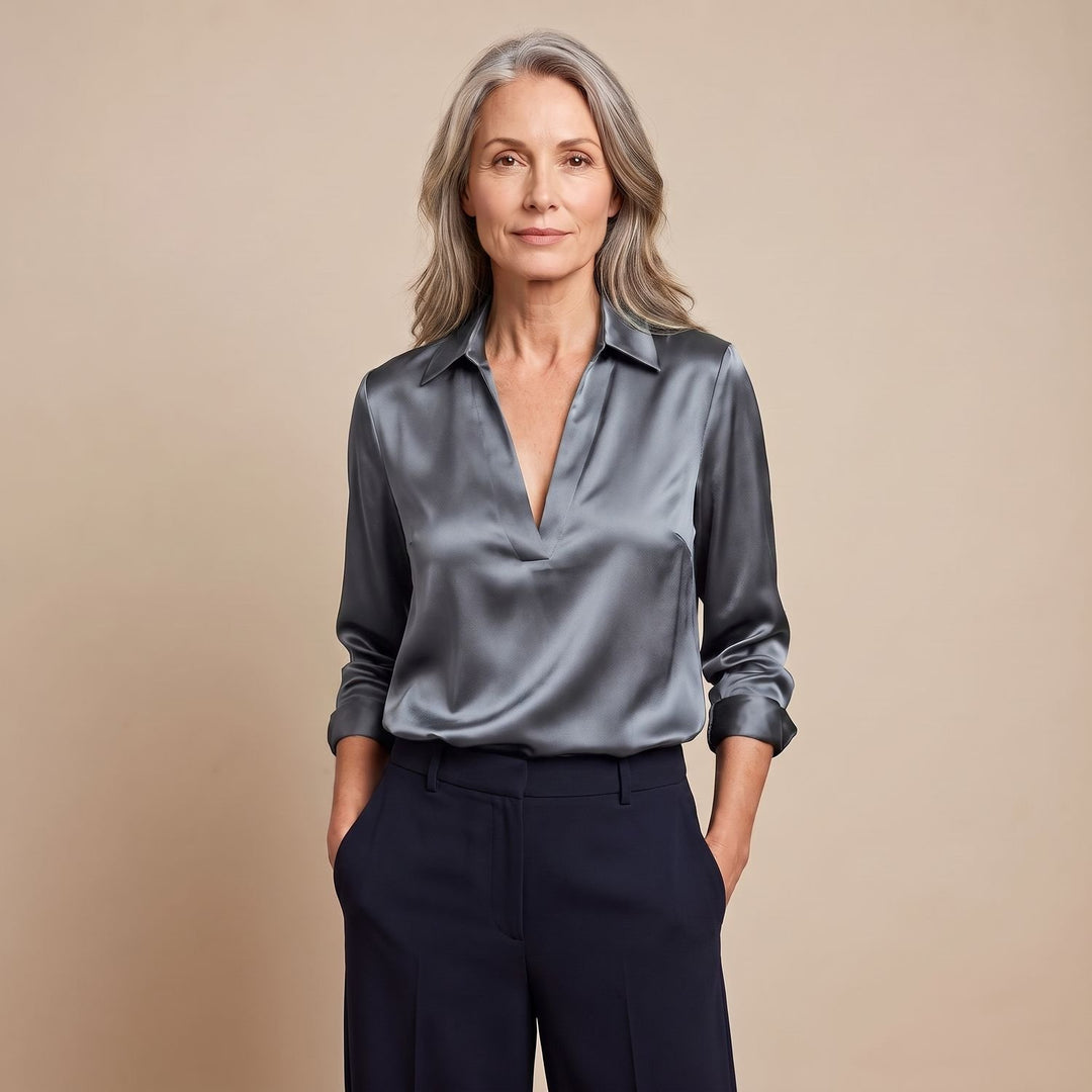 Women's Elegant Satin Deep V-Neck Long Sleeve Dressy Blouse - Gray
