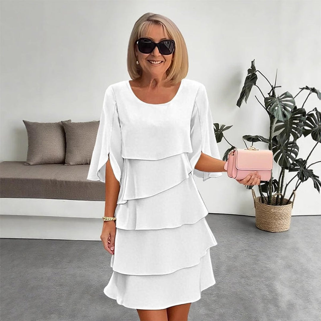 Women's Elegant Tiered Ruffle-Sleeve Midi Dress - White