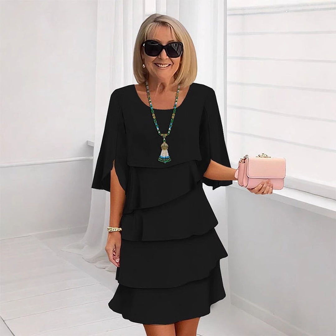 Women's Elegant Tiered Ruffle-Sleeve Midi Dress - Black