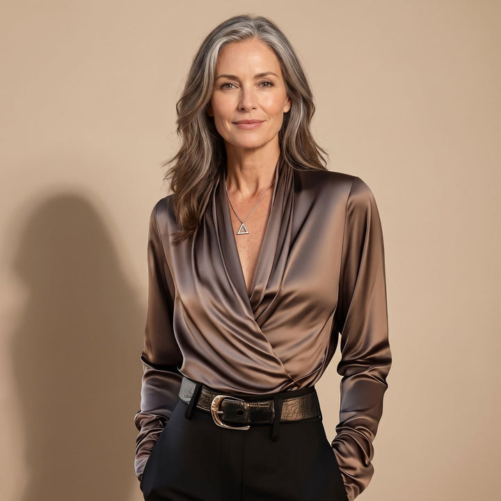 Women's Elegant V-Neck Draped Satin Wrap Blouse - Coffee Brown
