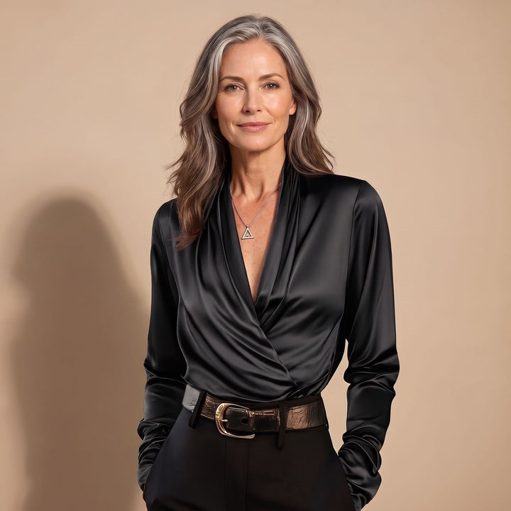 Women's Elegant V-Neck Draped Satin Wrap Blouse - Black