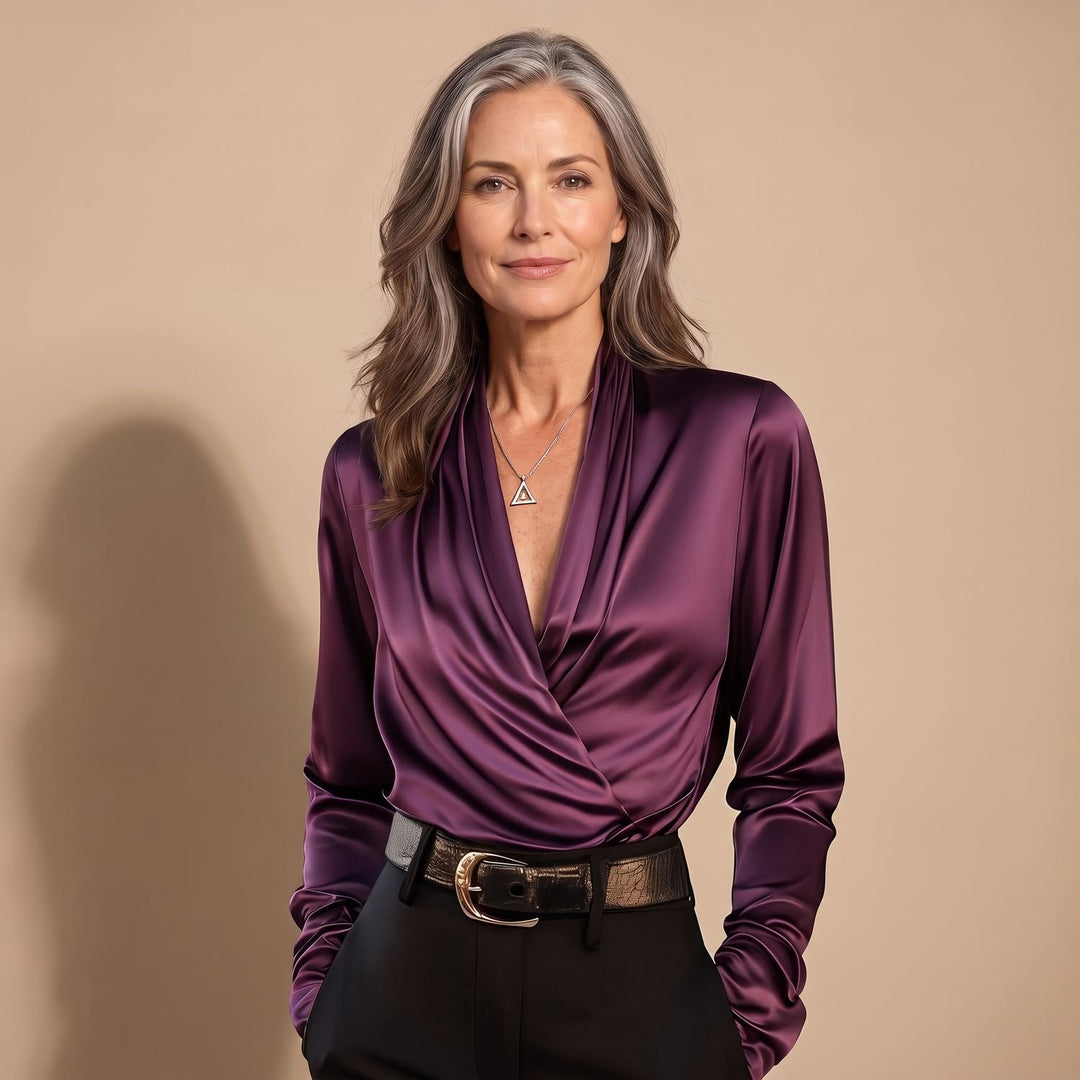 Women's Elegant V-Neck Draped Satin Wrap Blouse - Purple