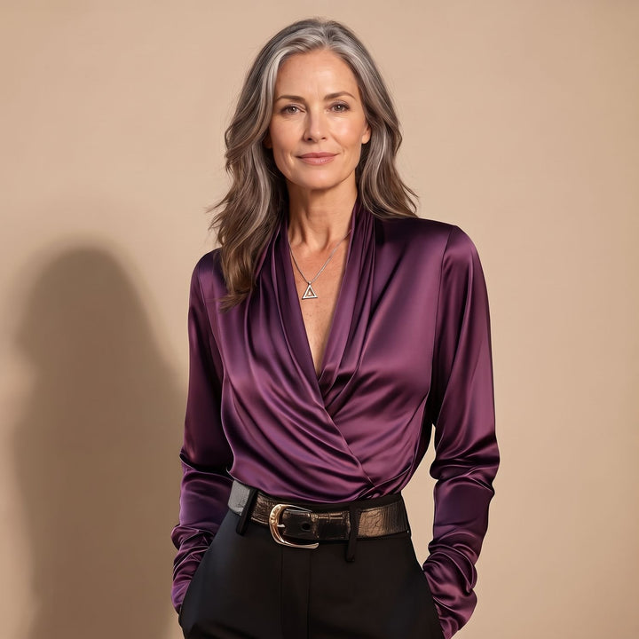 Women's Elegant V-Neck Draped Satin Wrap Blouse - Purple