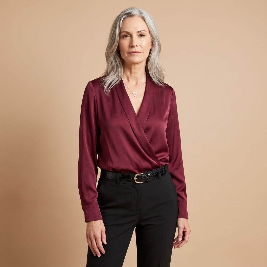 Women's Elegant V-Neck Draped Satin Wrap Blouse - Red