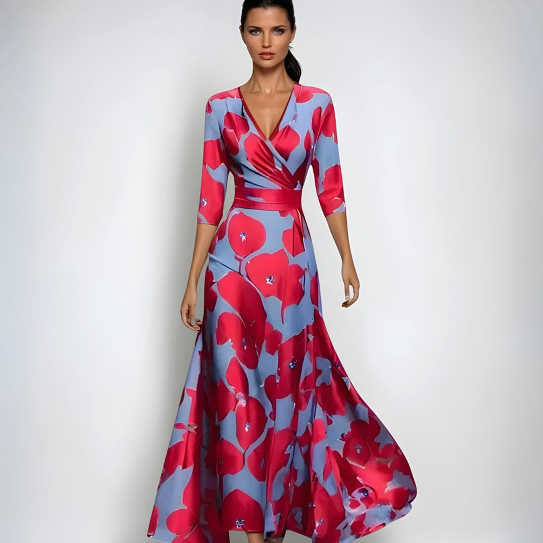 Women's Elegant V-Neck Wrap Maxi Floral Dress