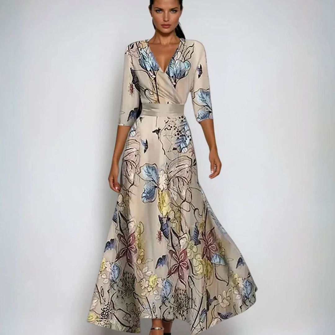 Women's Elegant V-Neck Wrap Maxi Floral Dress - Sand/Beige
