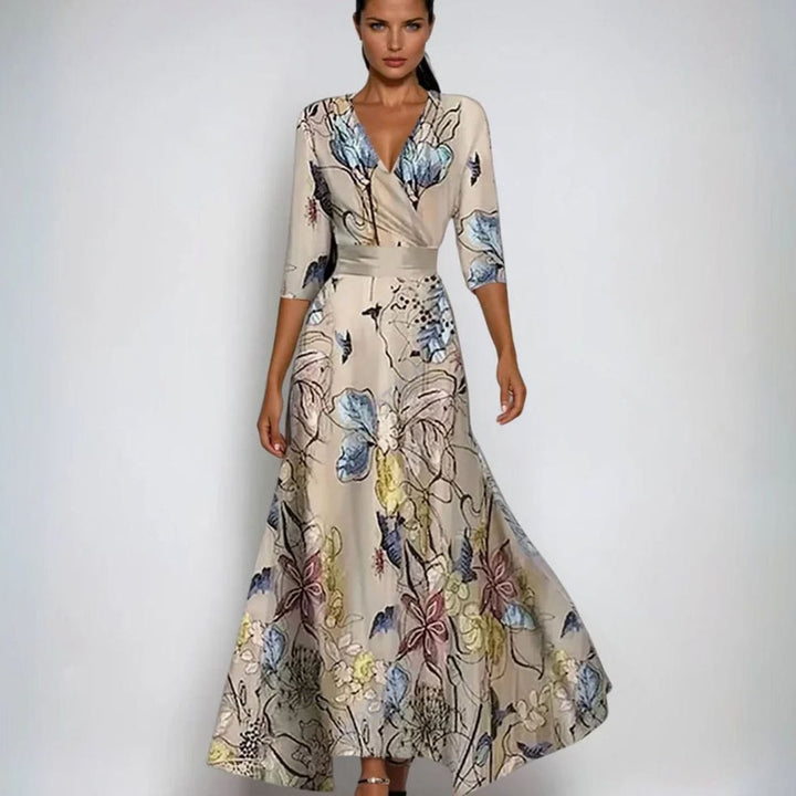 Women's Elegant V-Neck Wrap Maxi Floral Dress - Sand/Beige