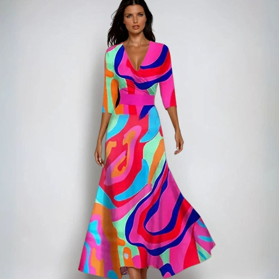 Women's Elegant V-Neck Wrap Maxi Floral Dress - Multicolor
