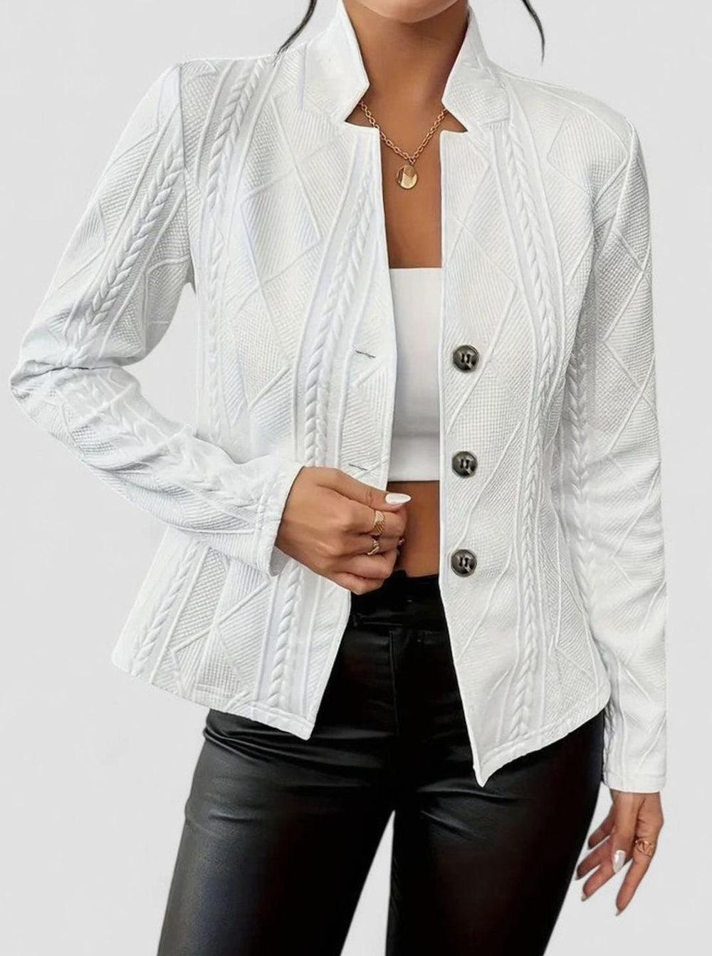 Women's Elegant Winter Coat Cable-Knit Textured Button-Front Jacket - White