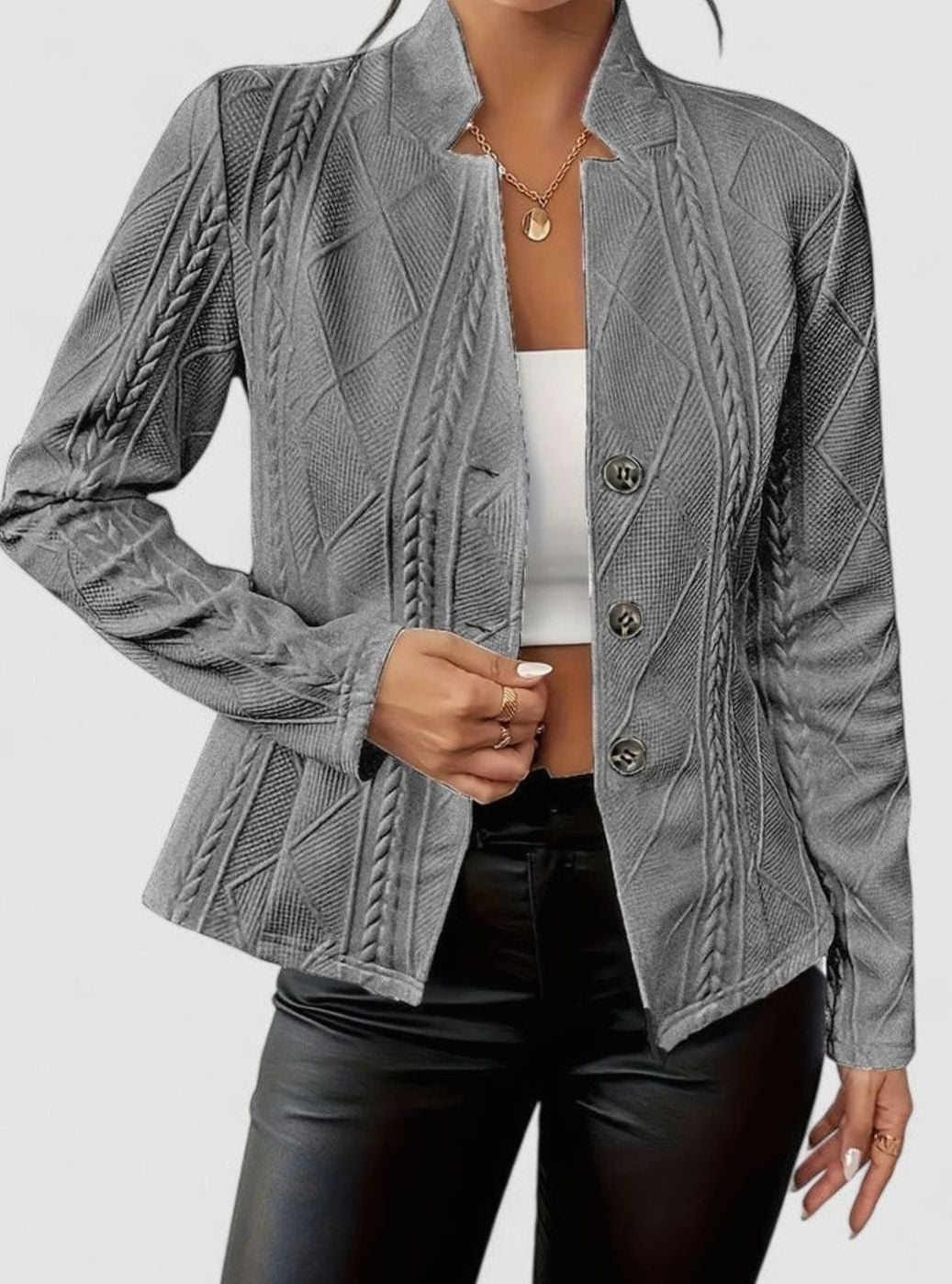 Women's Elegant Winter Coat Cable-Knit Textured Button-Front Jacket - Gray