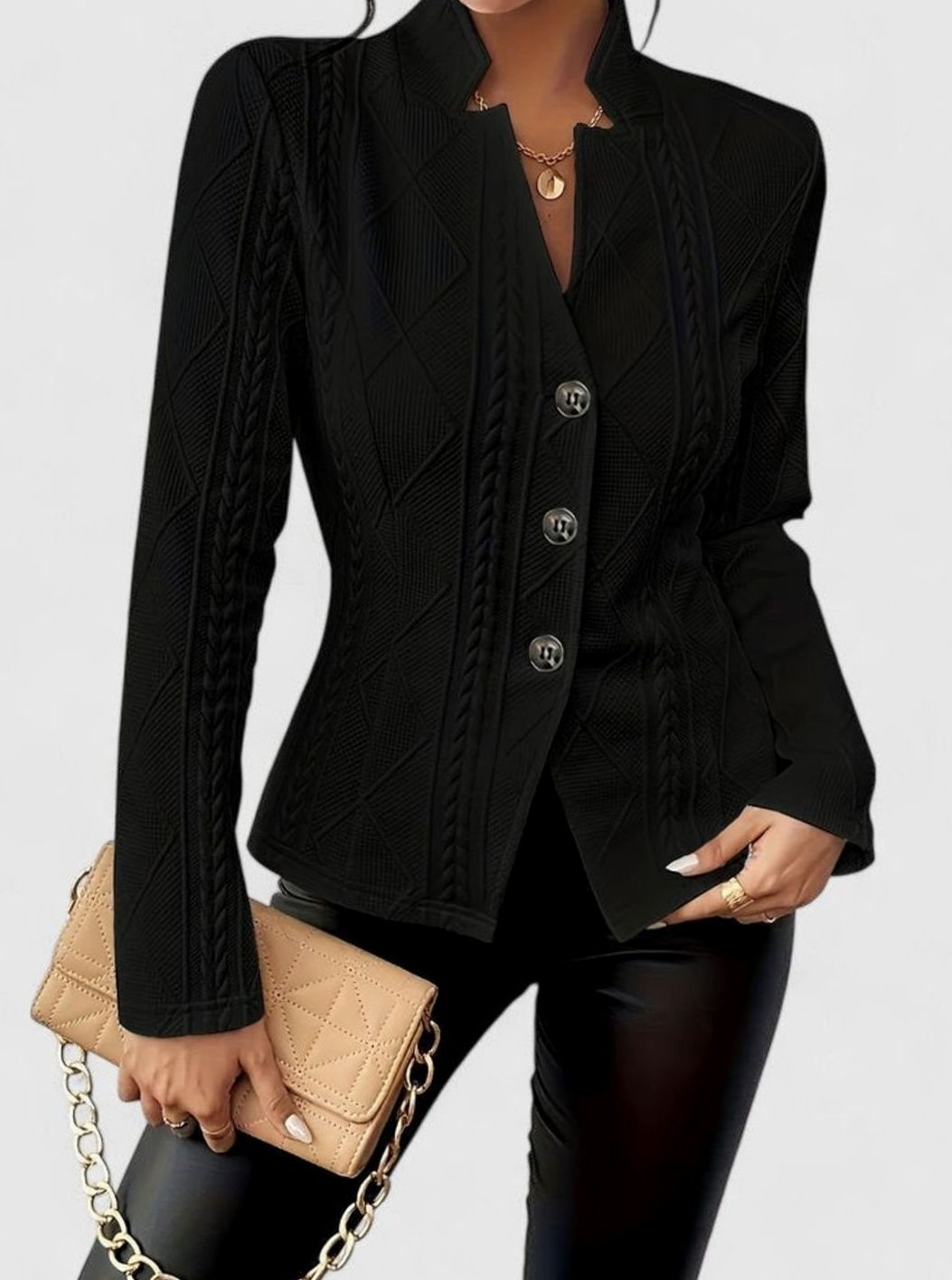 Women's Elegant Winter Coat Cable-Knit Textured Button-Front Jacket - Black