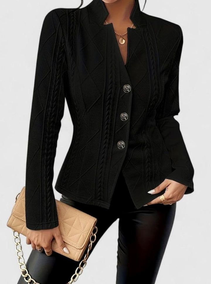 Women's Elegant Winter Coat Cable-Knit Textured Button-Front Jacket - Black