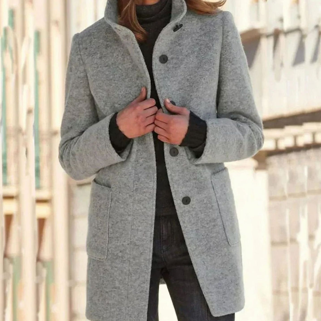 Women's Elegant Wool-Blend Button-Front Winter Coat - Gray