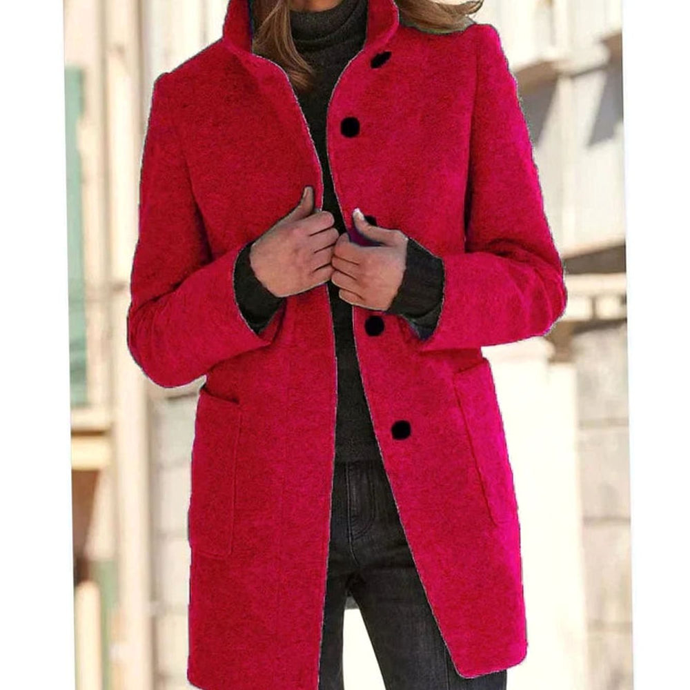 Women's Elegant Wool-Blend Button-Front Winter Coat - Red