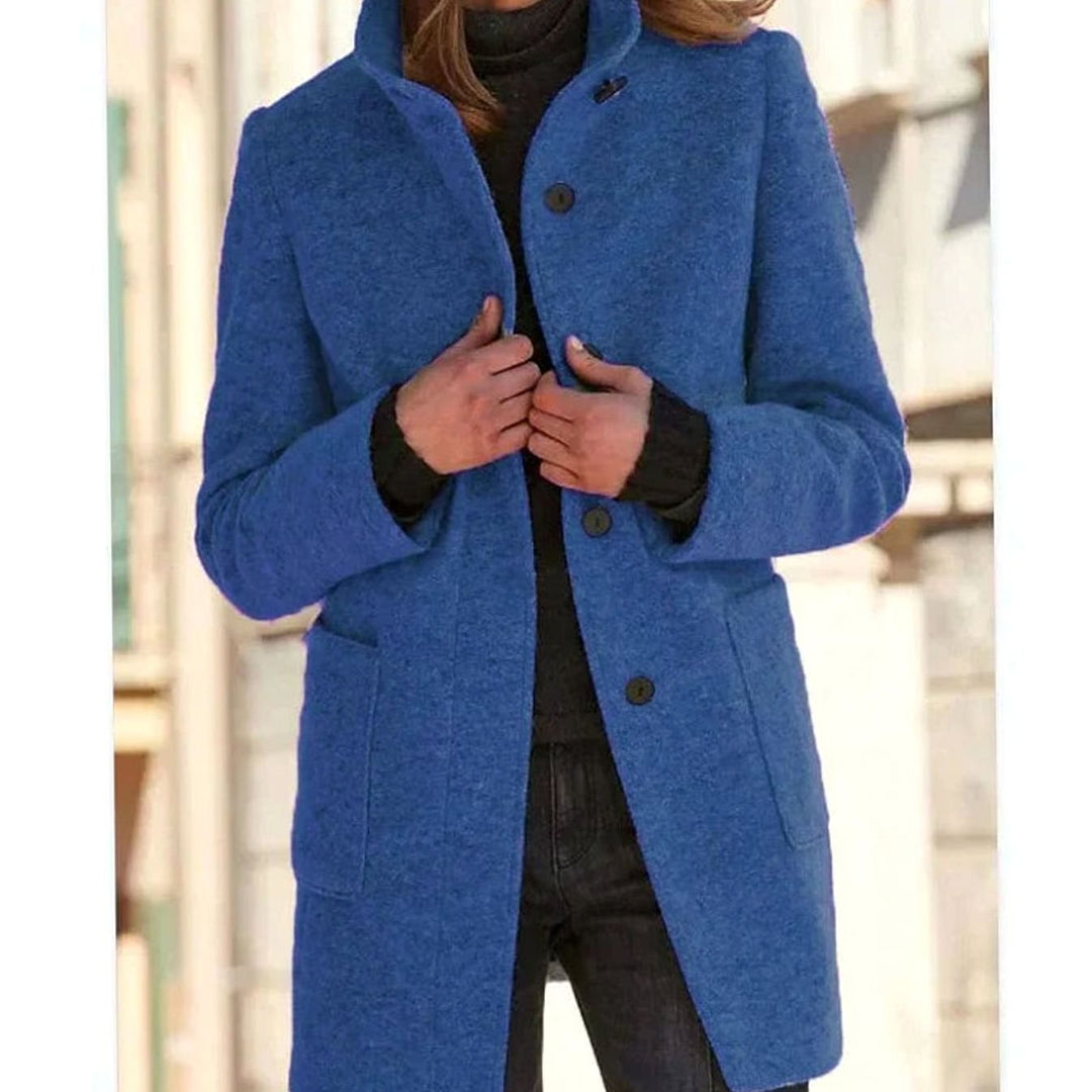 Women's Elegant Wool-Blend Button-Front Winter Coat - Blue