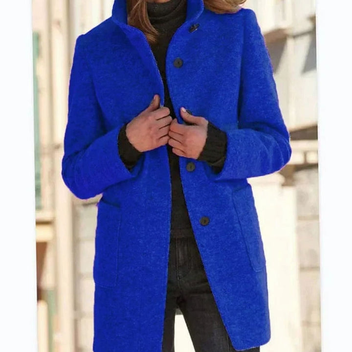 Women's Elegant Wool-Blend Button-Front Winter Coat - Dark Blue