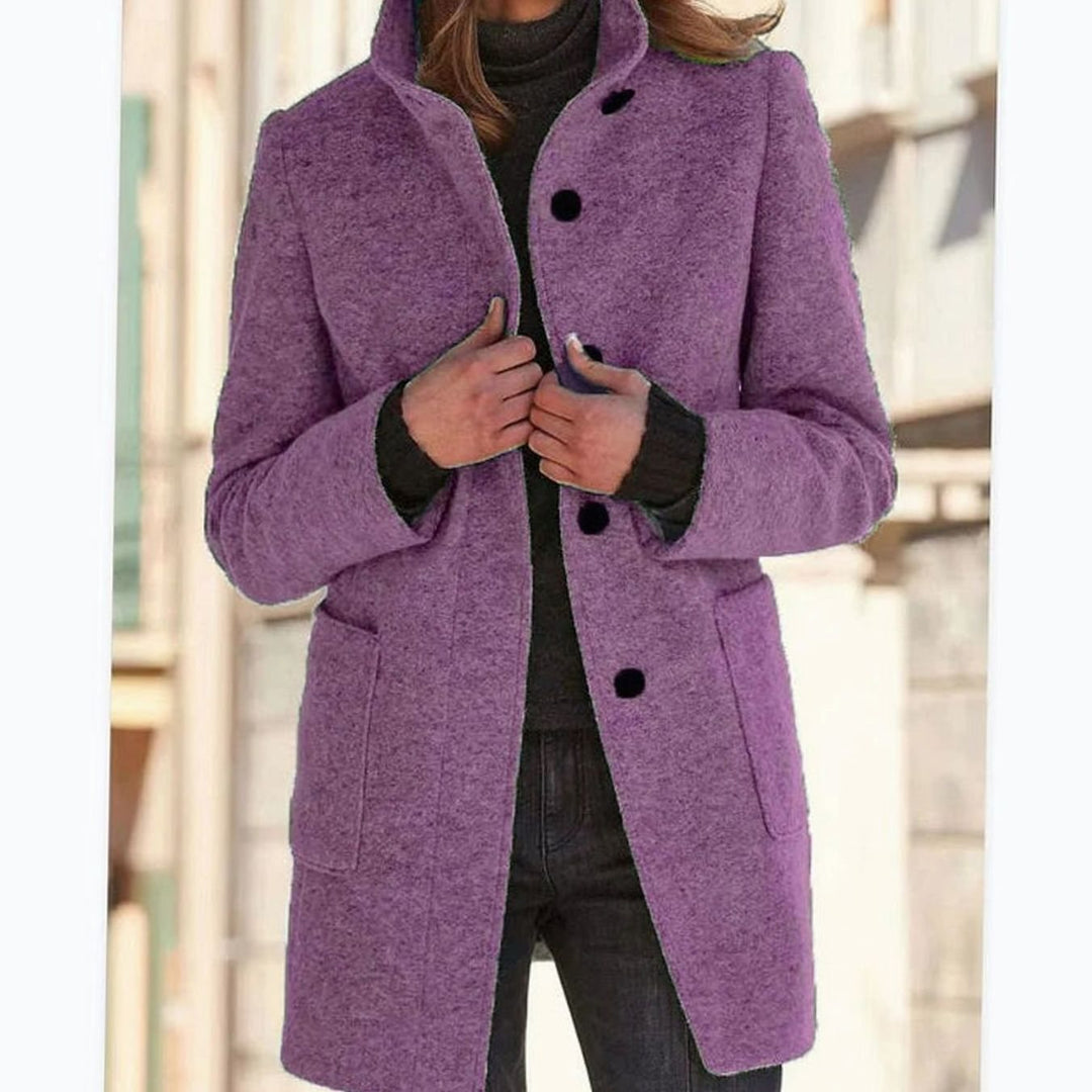 Women's Elegant Wool-Blend Button-Front Winter Coat - Purple