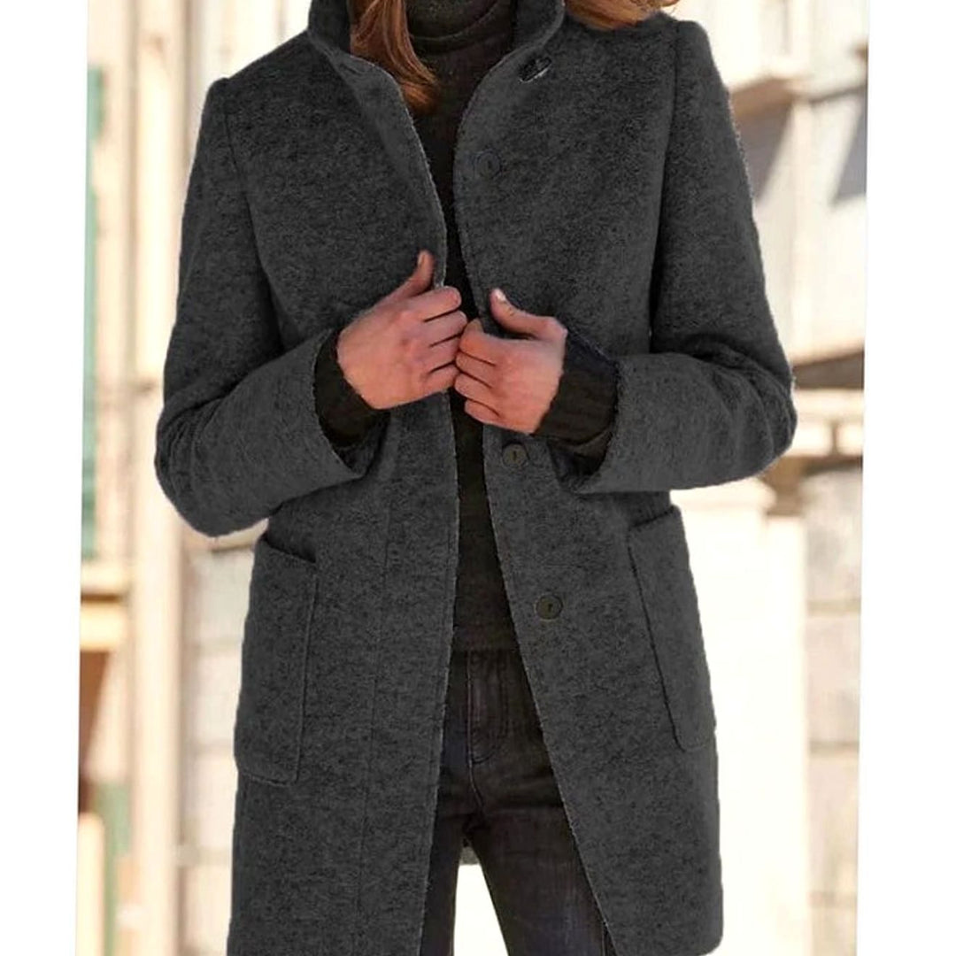 Women's Elegant Wool-Blend Button-Front Winter Coat - Black