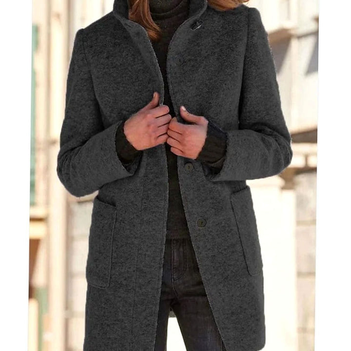 Women's Elegant Wool-Blend Button-Front Winter Coat - Black