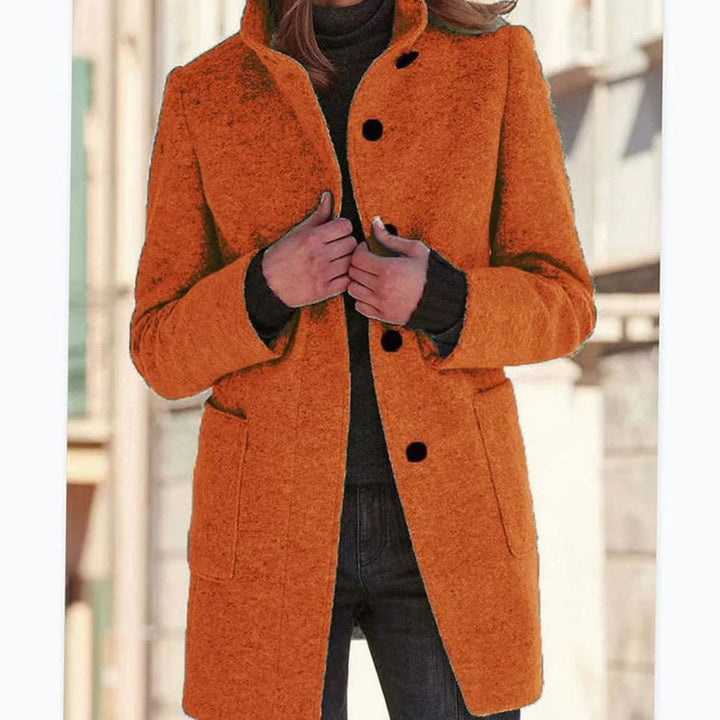 Women's Elegant Wool-Blend Button-Front Winter Coat - Orange