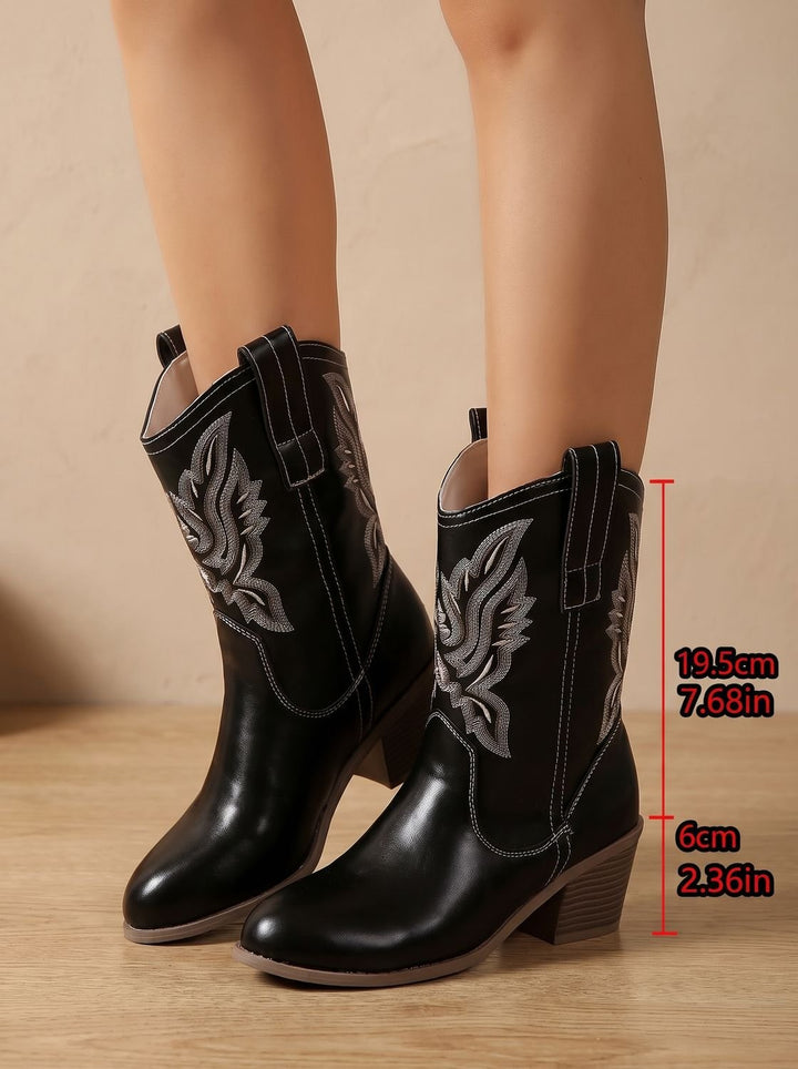 Women's Embroidered Block Heel Mid-Calf Western Cowboy Boots