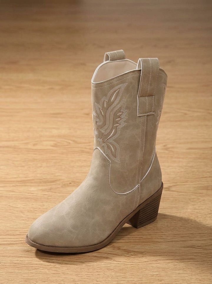 Women's Embroidered Block Heel Mid-Calf Western Cowboy Boots - Ecru