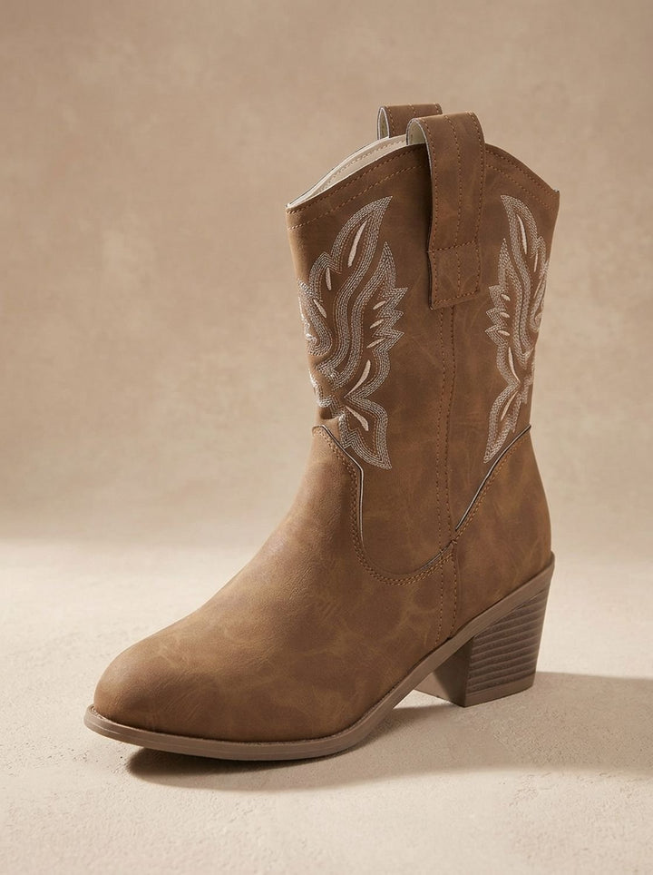 Women's Embroidered Block Heel Mid-Calf Western Cowboy Boots - Dark Brown